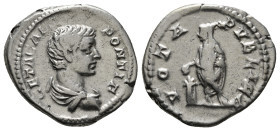 GETA (Caesar, 198-209). Denarius. Rome.
Obv: GETA CAES PONT COS.
Bareheaded and draped bust right.
Rev: VOTA PVBLICA.
Geta standing left, sacrificing ...