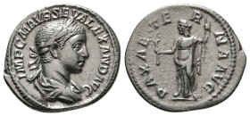 SEVERUS ALEXANDER (222-235). Denarius. Rome.
Obv: IMP C M AVR SEV ALEXAND AVG.
Laureate and draped bust right.
Rev: PAX AETERNA AVG.
Pax standing faci...
