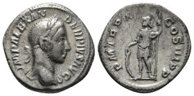 SEVERUS ALEXANDER (222-235). Denarius. Rome.
Obv: IMP ALEXANDER PIVS AVG.
Laureate bust right, with slight drapery.
Rev: P M TR P X COS III P P.
Mars ...