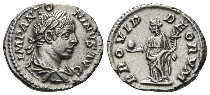 ELAGABALUS (218-222). Denarius. Rome.
Obv: IMP ANTONINVS AVG.
Laureate and drape...