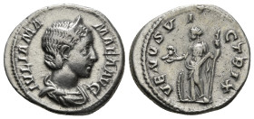 JULIA MAMAEA (Augusta, 222-235). Denarius. Rome.
Obv: IVLIA MAMAEA AVG.
Draped bust right, wearing stephane.
Rev: VENVS VICTRIX.
Venus standing left, ...