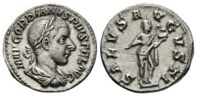 GORDIAN III (238-244). Denarius. Rome.
Obv: IMP GORDIANVS PIVS FEL AVG.
Laureate, draped and cuirassed bust right.
Rev: SALVS AVGVSTI.
Salus standing ...
