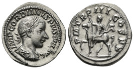 GORDIAN III (238-244). Denarius. Rome.
Obv: IMP GORDIANVS PIVS FEL AVG.
Laureate, draped and cuirassed bust right.
Rev: P M TR P III COS P P.
Gordian ...