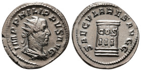 PHILIP I 'THE ARAB' (244-249). Antoninianus. Rome. Saecular Games/ 1000th Anniversary of Rome issue.
Obv: IMP PHILIPPVS AVG.
Radiate, draped and cuira...