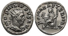 PHILIP I 'THE ARAB' (244-249). Antoninianus. Rome.
Obv: IMP M IVL PHILIPPVS AVG.
Radiate, draped and cuirassed bust right.
Rev: ROMAE AETERNAE.
Roma s...