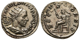 PHILIP I 'THE ARAB' (244-249). Antoninianus. Rome.
Obv: IMP M IVL PHILIPPVS AVG.
Radiate, draped and cuirassed bust right.
Rev: SECVRIT ORBIS.
Securit...