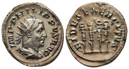 PHILIP I 'THE ARAB' (244-249). Antoninianus. Rome.
Obv: IMP PHILIPPVS AVG.
Radiate, draped and cuirassed bust right.
Rev: FIDES EXERCITVS.
Aquila (leg...