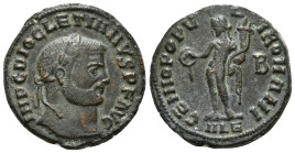 DIOCLETIAN (284-305). Follis Obv: Laureate head right.Rev: GENIO POPVLI ROMANI
Genius standing left, holding cornucopia and sacrificing with patera. 9...