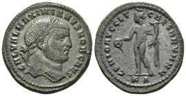MAXIMIANUS HERCULIUS (286-305).Follis Obv: Laureate head right.Rev: GENIO POPVLI ROMANI
Genius standing left, holding cornucopia and sacrificing with ...