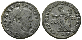 MAXIMIANUS HERCULIUS (286-305). Follis. Rome.
Obv: IMP C MAXIMIANVS P F AVG.
Laureate head right.
Rev: SACRA MON VRB AVGG ET CAESS N N
Moneta standing...
