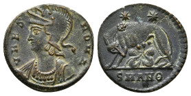 CONSTANTINE I 'THE GREAT' (306-337). Commemorative Series. Follis.
Obv: VRBS ROMA.
Helmeted and cuirassed bust of Roma left.
Rev: She-wolf standing le...