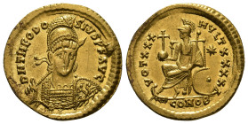 Theodosius II, Eastern Roman Empire (AD 402-450). AV solidus Constantinople, AD 441. D N THEODOSIVS P F AVG, pearl-diademed, helmeted, and cuirassed f...