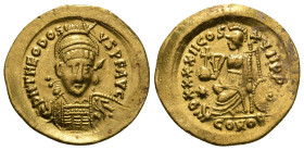 Theodosius II, Eastern Roman Empire (AD 402-450). AV solidus Constantinople, AD 441. D N THEODOSIVS P F AVG, pearl-diademed, helmeted, and cuirassed f...
