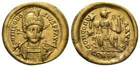 THEODOSIUS II (402-450). GOLD Solidus. Constantinople.
Obv: D N THEODOSIVS P F AVG.
Helmeted and cuirassed bust facing slightly right, holding spear a...