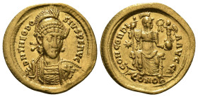 THEODOSIUS II (402-450). GOLD Solidus. Constantinople.
Obv: D N THEODOSIVS P F AVG.
Helmeted and cuirassed bust facing slightly right, holding spear a...