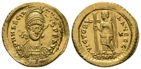 MARCIAN (450-457). GOLD Solidus. Constantinople.
Obv: D N MARCIANVS P F AVG.
Diademed, helmeted and cuirassed bust facing slightly right, holding spea...