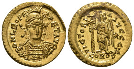 LEO I (457-474). GOLD Solidus. Constantinople.
Obv: D N LEO PERPET AVG.
Helmeted and cuirassed bust facing slightly right, holding spear and shield de...