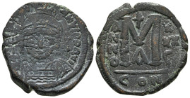 JUSTINIAN I (527-565). Follis. Constantinople. Dated RY 13 (539/40).
Obv: D N IVSTINIANVS P P AVG.
Helmeted and cuirassed bust facing, holding globus ...