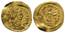 JUSTINIAN I (527-565). GOLD Tremissis. Constantinople.
Obv: D N IVSTNIANVS P P AVG.
Diademed, draped and cuirassed bust right.
Rev: VICTORIA AVGVSTORV...