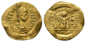JUSTINIAN I (527-565). GOLD Tremissis. Constantinople.
Obv: D N IVSTNIANVS P P AVG.
Diademed, draped and cuirassed bust right.
Rev: VICTORIA AVGVSTORV...