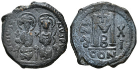 JUSTIN II, with SOPHIA (565-578). Follis. Constantinople. Dated RY 8 (572/3).
Obv: D N IVSTINVS PP AVG.
Nimbate figures of Justin and Sophia seated fa...