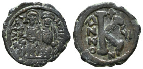 JUSTIN II (565-578). Half Follis. Nicomedia. Dated RY 2 (566/7).
Obv: D N IVSTINVS P P AVG.
Justin, holding globus cruciger, and Sophia, holding cruci...