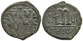 PHOCAS with LEONTIA (602-610). Follis. Theoupolis (Antioch). Dated RY 2 (603/4).
Obv: D N FOCA NЄ PЄ AV.
Phocas, holding globus cruciger, and Leontia,...