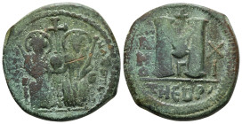 PHOCAS with LEONTIA (602-610). Follis. Theoupolis (Antioch). Dated RY 2 (603/4).
Obv: D N FOCA NЄ PЄ AV.
Phocas, holding globus cruciger, and Leontia,...
