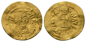 MAURICE TIBERIUS (582-602). GOLD Tremissis. Constantinople.
Obv: D N TIЬЄRI P P AVG.
Diademed, draped and cuirassed bust right.
Rev: VICTORI MAVRI AV ...