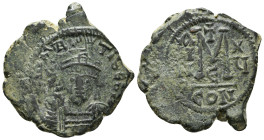 MAURICE TIBERIUS (582-602). Follis. Constantinople. Dated RY 16 (597/8).
Obv: D N MAVRIC TIЬЄR P P AV.
Crowned and cuirassed bust facing, holding glob...