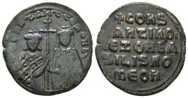 CONSTANTINE VII PORPHYROGENITUS with ZOE (913-959). Follis. Constantinople.
Obv: + COҺSTAҺT CЄ ZOH Ь.
Crowned facing busts of Constantine and Zoe, hol...