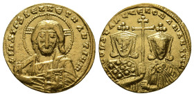 CONSTANTINE VII PORPHYROGENITUS with ROMANUS II (913-959). GOLD Solidus. Constantinople.
Obv: + IҺS XPS RЄX RЄGNANTIЧM.
Facing bust of Christ Pantokra...