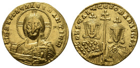CONSTANTINE VII PORPHYROGENITUS with ROMANUS II (913-959). GOLD Solidus. Constantinople.
Obv: + IҺS XPS RЄX RЄGNANTIЧM.
Facing bust of Christ Pantokra...