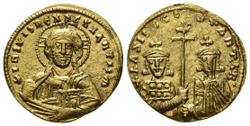 Basil I 'the Macedonian'.
Gold solidus, AD 870-871. Constantinople.
Obv: + IhS XPS RЄX RЄGNANTIЧM*, Christ Pantokrator enthroned facing. Rev: bASILIOS...