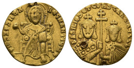 Basil I 'the Macedonian'.
Gold solidus, AD 870-871. Constantinople.
Obv: + IhS XPS RЄX RЄGNANTIЧM*, Christ Pantokrator enthroned facing. Rev: bASILIOS...
