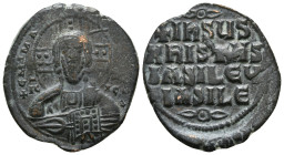 ANONYMOUS FOLLES. Class A3. Attributed to Basil II & Constantine VIII (1020-1028). Constantinople.
Obv: + ЄMMANOVHΛ / IC - XC.
Facing bust of Christ P...