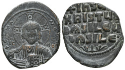 ANONYMOUS FOLLES. Class A3. Attributed to Basil II & Constantine VIII (1020-1028). Constantinople.
Obv: + ЄMMANOVHΛ / IC - XC.
Facing bust of Christ P...