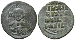 ANONYMOUS FOLLES. Class A3. Attributed to Basil II & Constantine VIII (1020-1028). Constantinople.
Obv: + ЄMMANOVHΛ / IC - XC.
Facing bust of Christ P...