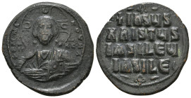 ANONYMOUS FOLLES. Class A3. Attributed to Basil II & Constantine VIII (1020-1028). Constantinople.
Obv: + ЄMMANOVHΛ / IC - XC.
Facing bust of Christ P...