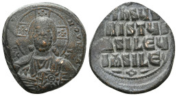 ANONYMOUS FOLLES. Class A3. Attributed to Basil II & Constantine VIII (1020-1028). Constantinople.
Obv: + ЄMMANOVHΛ / IC - XC.
Facing bust of Christ P...
