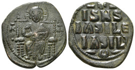 ANONYMOUS FOLLES. Class D. Time of Constantine IX (Circa 1042-1055). Follis. Constantinople.
Obv: IC - XC.
Christ, nimbate, seated facing on throne, h...