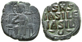 ANONYMOUS FOLLES. Class D. Time of Constantine IX (Circa 1042-1055). Follis. Constantinople.
Obv: IC - XC.
Christ, nimbate, seated facing on throne, h...