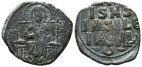 ANONYMOUS FOLLES. Class D. Time of Constantine IX (Circa 1042-1055). Follis. Constantinople.
Obv: IC - XC.
Christ, nimbate, seated facing on throne, h...