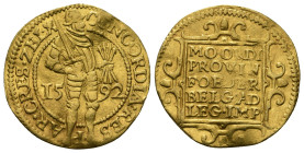 Ultrecht AD 1596. Provinz
Ducat AV
Armored soldier standing right, holding sword and bundle of arrows / MOORDi PROVIN FOEDER BELGAD LEG IMP; tablet wi...