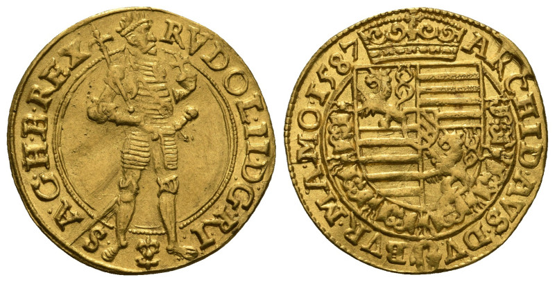 Rudolf II gold Ducat 1587 , Prague mint, A respectable near-Uncirculated grade f...