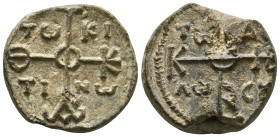 Byzantine Lead Seal.
Theophylaktos, patrikios (?) ca.VIII cent.
Av. Monogram of ΘΕΟΦΥΛΑΚΤΟΥ Theophylaktos τω-κι-τι-νω
Rv.: Cruciform invocative mon...