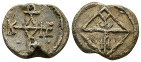Byzantine Lead Seal.
John(?), eparch, ca. VI cent.
Av. Cruciform invocative monogram type LI (Zacos). ΘΕΟΤΟΚΕ ΒΟΗΘΕΙ
Rv.: Monogram, possible soluti...