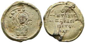 Byzantine Lead Seal.
Constantine?  imperial protospatharios and epi ton oikeiakon/manglaviou, ca. IX/X cent.
Av.: Bust of St Nicholas offering a ble...