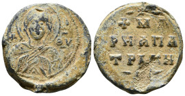 Byzantine Lead Seal.
.  Maria, Patrikia ca. X cent.
Av.: Bust of Virgin orans, ΜΡ – ΘV: Μήτηρ Θεοῦ
Rv.: +Μ(Α)/ΡΗΑΠ/ΤΡΙΚΗ
Μαρία πατρικήα ¬- The pat...