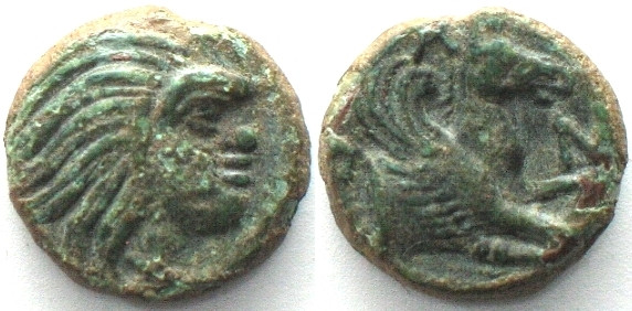 CIMMERIAN BOSPOROS. Pantikapaion, AE 14mm 325-310 BC, Pan / Pegasos, XF. Anokhin...